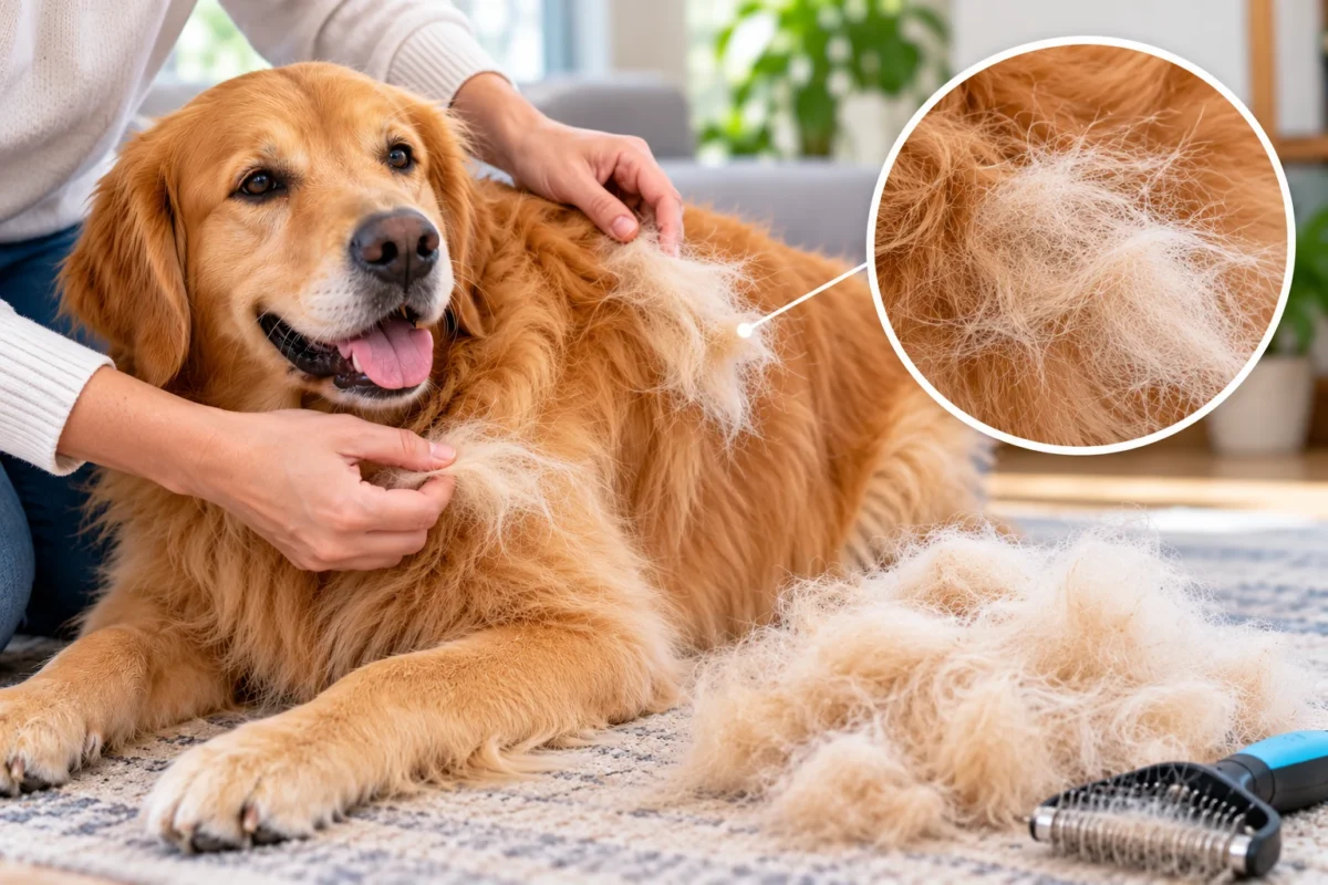 Golden Retriever having its coat inspected for loose undercoat and shedding fur to determine whether another deshedding session is needed.
