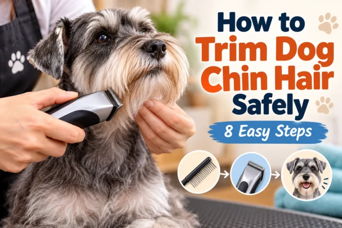 Groomer using electric clippers to trim a Schnauzer's chin hair safely in an 8-step dog grooming guide.