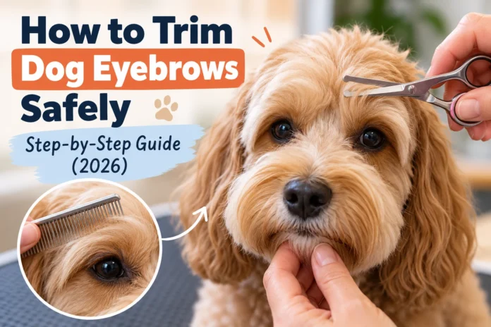 Dog eyebrow trimming demonstration using rounded-tip grooming scissors on a fluffy brown dog.