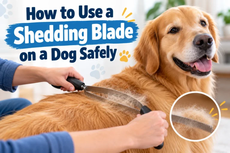 Golden Retriever being gently groomed with a shedding blade, demonstrating how to use a shedding blade on a dog safely.