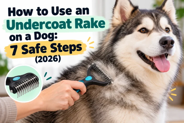How to use an undercoat rake on a dog safely, showing a fluffy double-coated dog being groomed with an undercoat rake to remove loose fur.