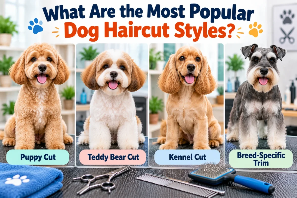 Four popular dog haircut styles showing a Puppy Cut, Teddy Bear Cut, Kennel Cut, and Breed-Specific Trim on freshly groomed dogs.