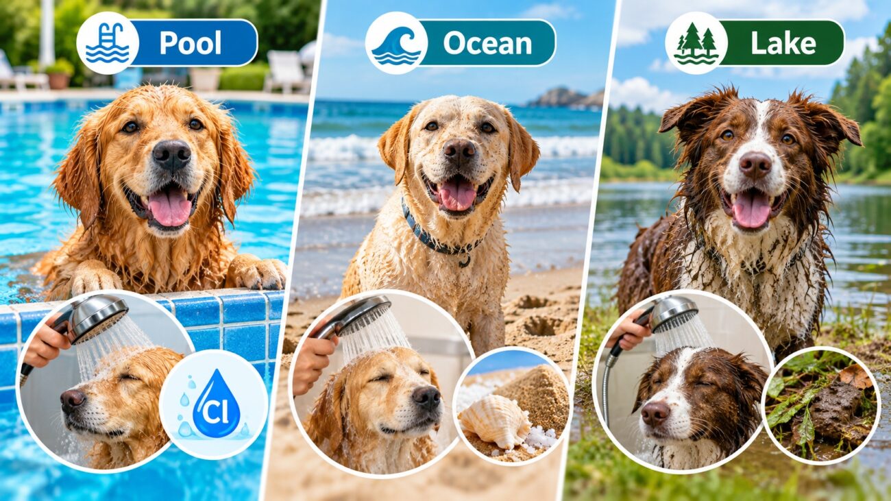 Wet dogs after swimming in a pool, ocean, and lake, showing different post-swim rinsing and cleaning needs for each environment.