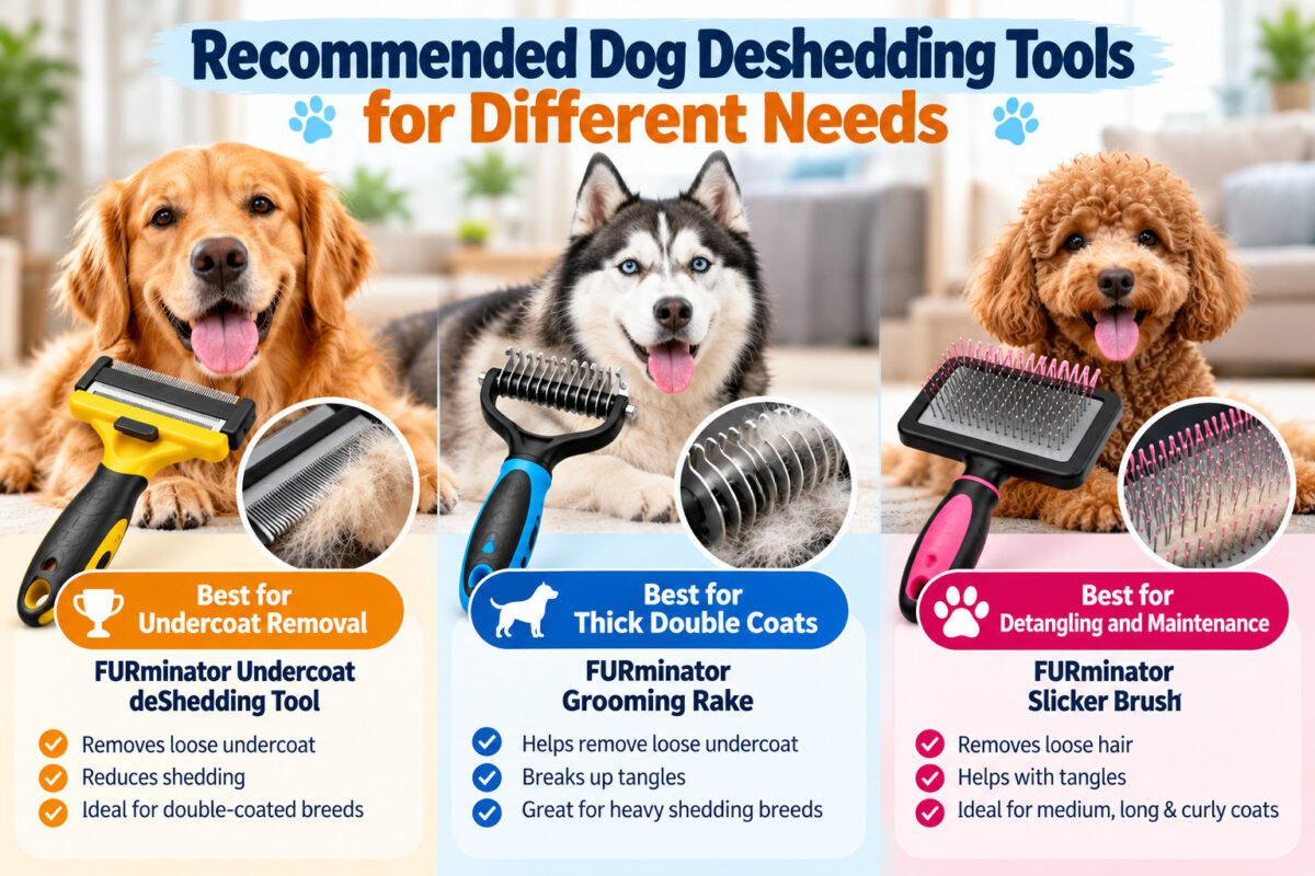 Three recommended dog deshedding tools for different grooming needs: FURminator Undercoat deShedding Tool for Golden Retrievers, Grooming Rake for Huskies, and Slicker Brush for Poodles.