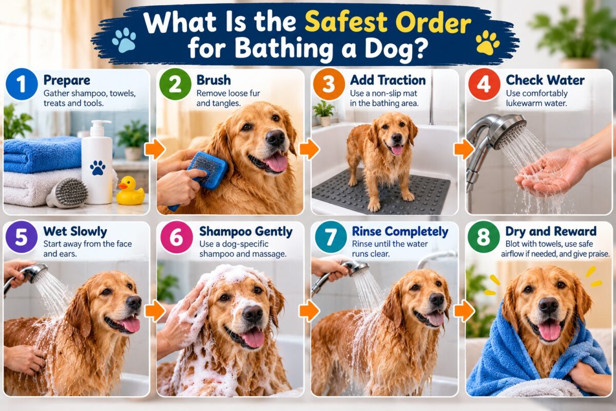 Safest order for bathing a dog infographic showing eight steps: prepare supplies, brush the coat, add a non-slip mat, check lukewarm water, wet slowly, shampoo gently, rinse thoroughly, and dry and reward the dog.