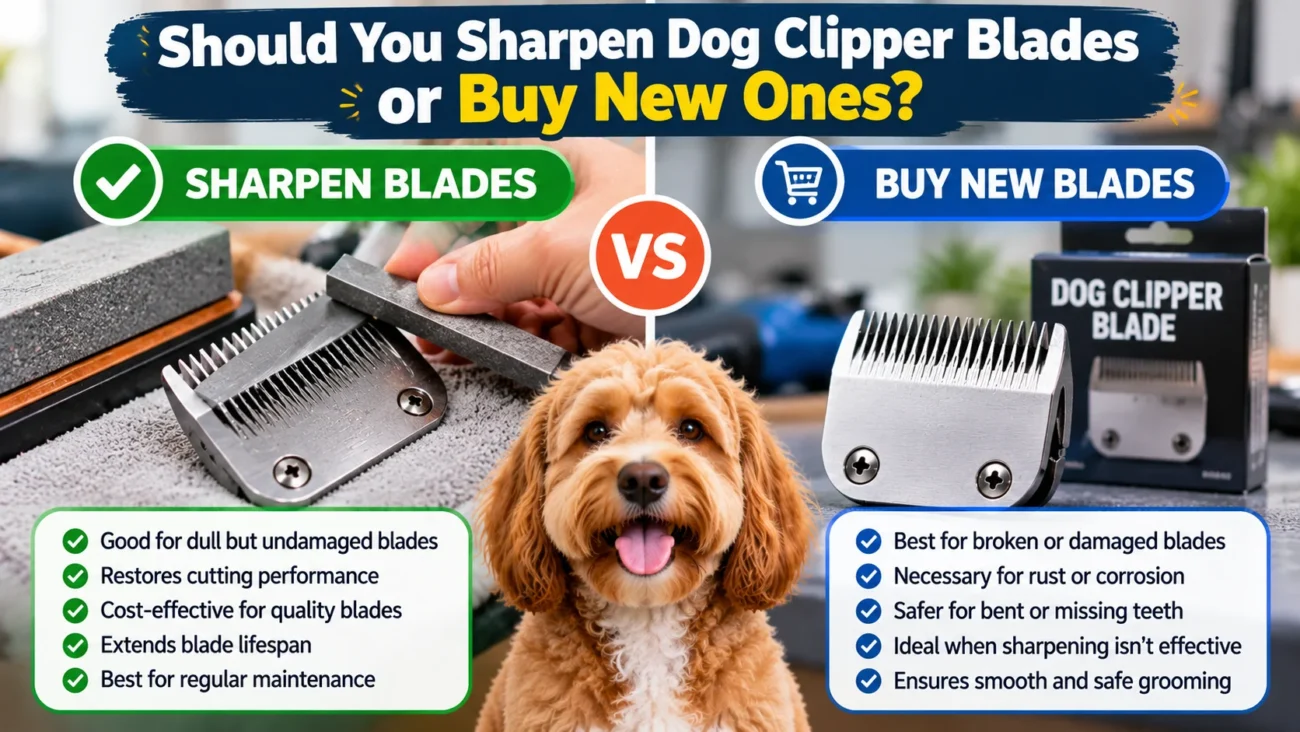 Sharpening vs buying new dog clipper blades, comparing dull but undamaged blades with new replacements for damaged or rusty blades.