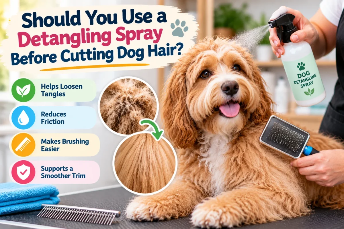 Groomer using dog detangling spray and a slicker brush on a fluffy dog's coat before trimming to loosen knots and make brushing easier.