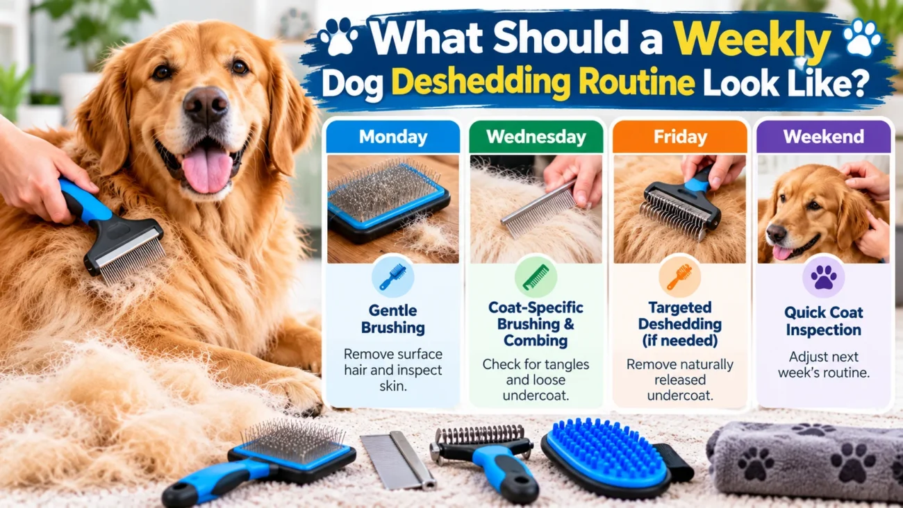 Weekly dog deshedding routine infographic showing a Golden Retriever, grooming tools, and a schedule for brushing, combing, targeted deshedding, and coat inspection.