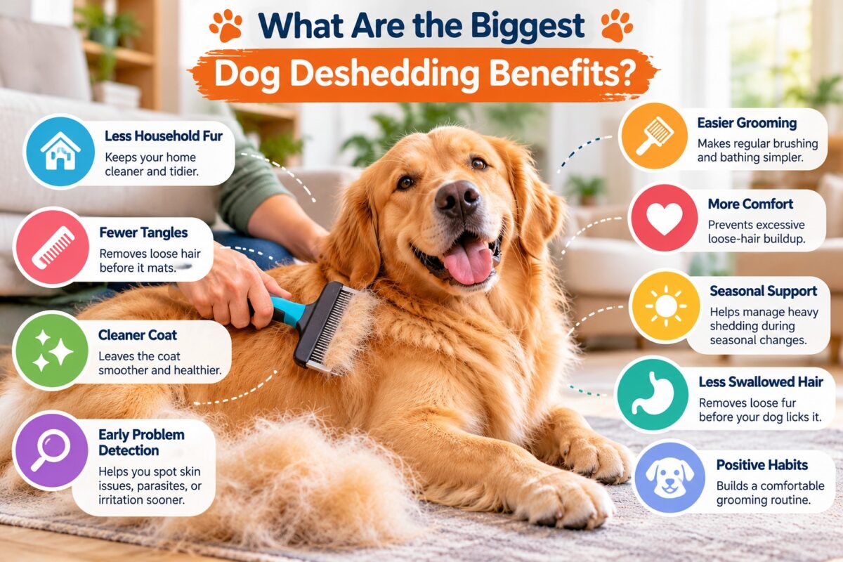 Happy Golden Retriever being gently brushed with a deshedding tool, surrounded by an infographic showing the biggest dog deshedding benefits, including less loose fur, fewer tangles, a cleaner coat, and easier grooming.