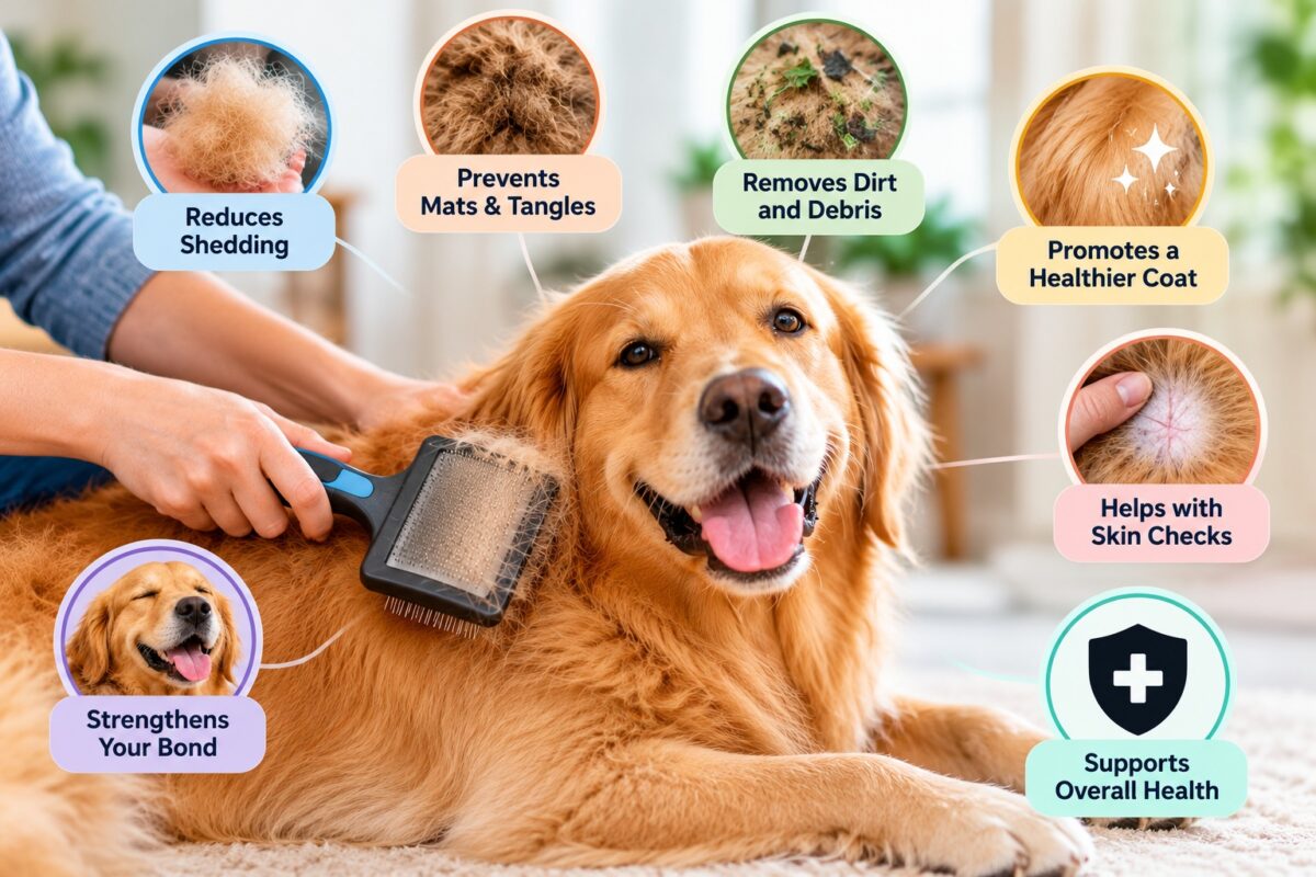 Golden Retriever being brushed at home with callouts showing key dog brushing benefits, including less shedding, fewer mats, cleaner coat, skin checks, and overall health support.