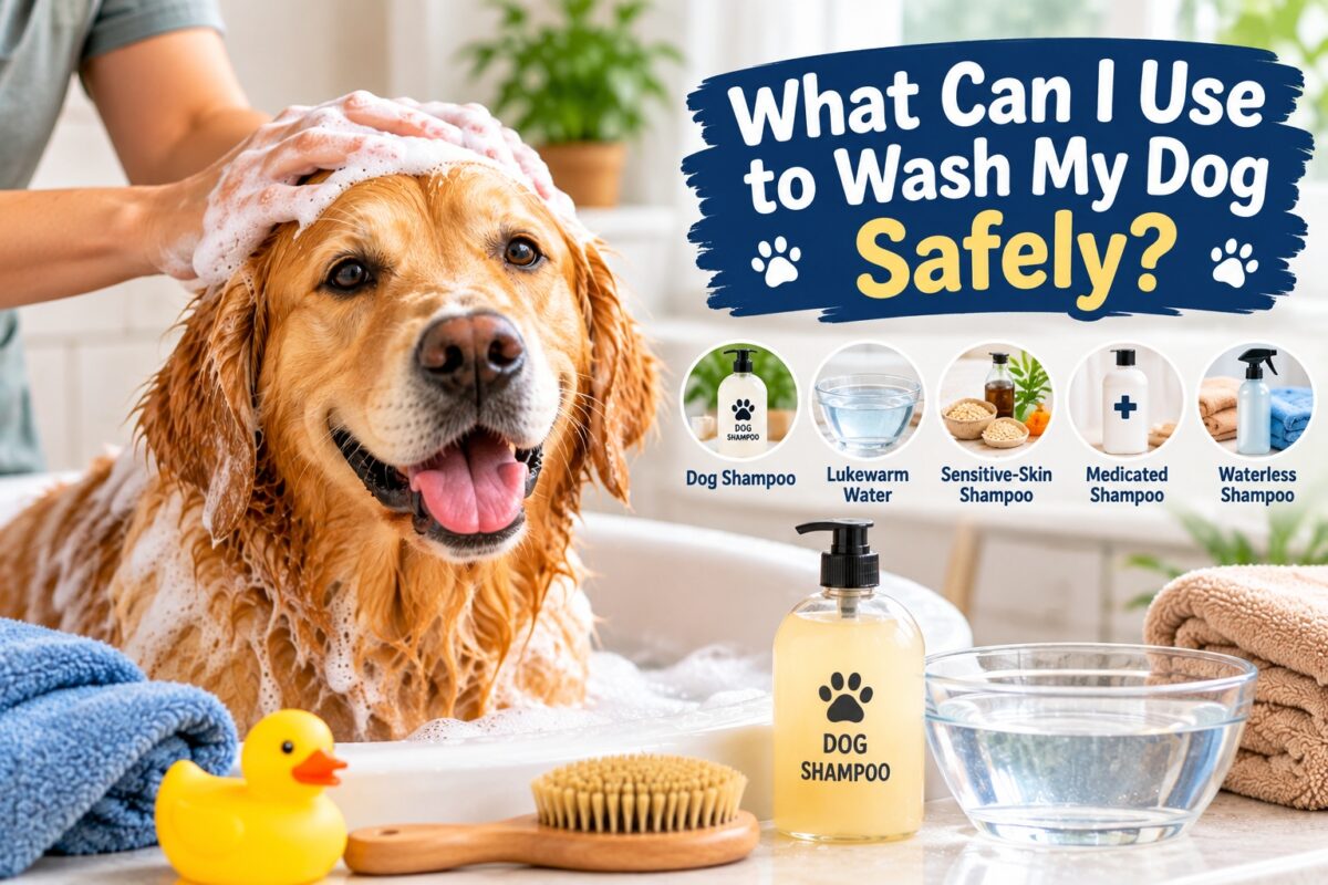 Golden Retriever being safely washed with dog shampoo and lukewarm water at home