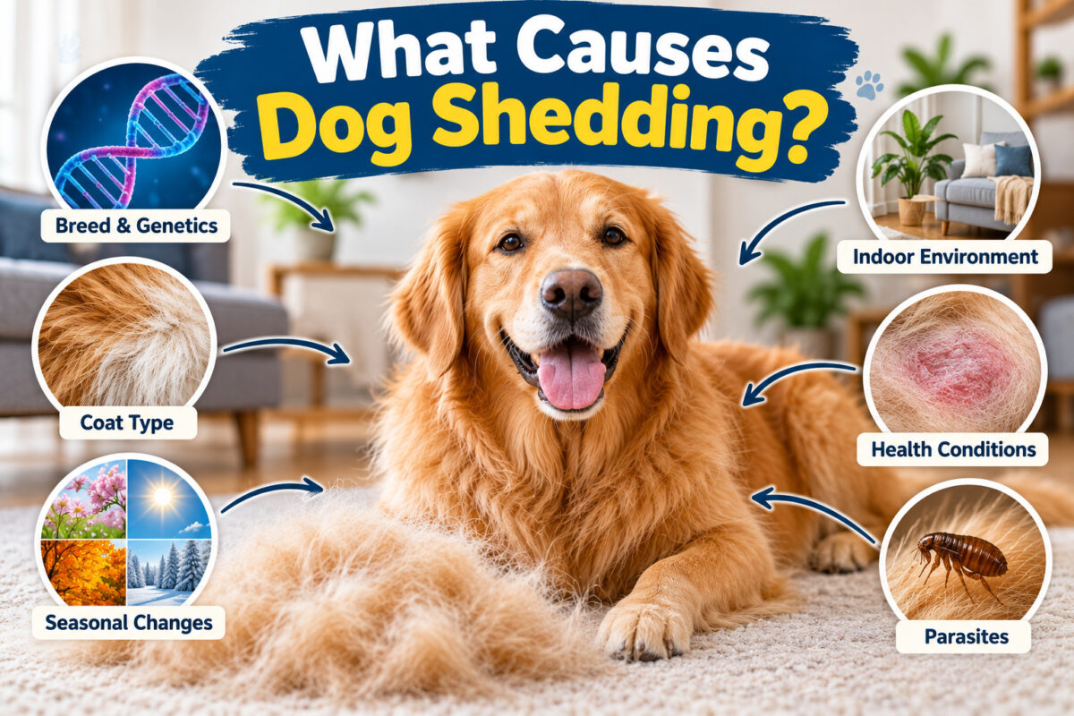 Golden Retriever with loose fur illustrating common causes of dog shedding, including genetics, coat type, seasonal changes, indoor environment, health conditions, and parasites.