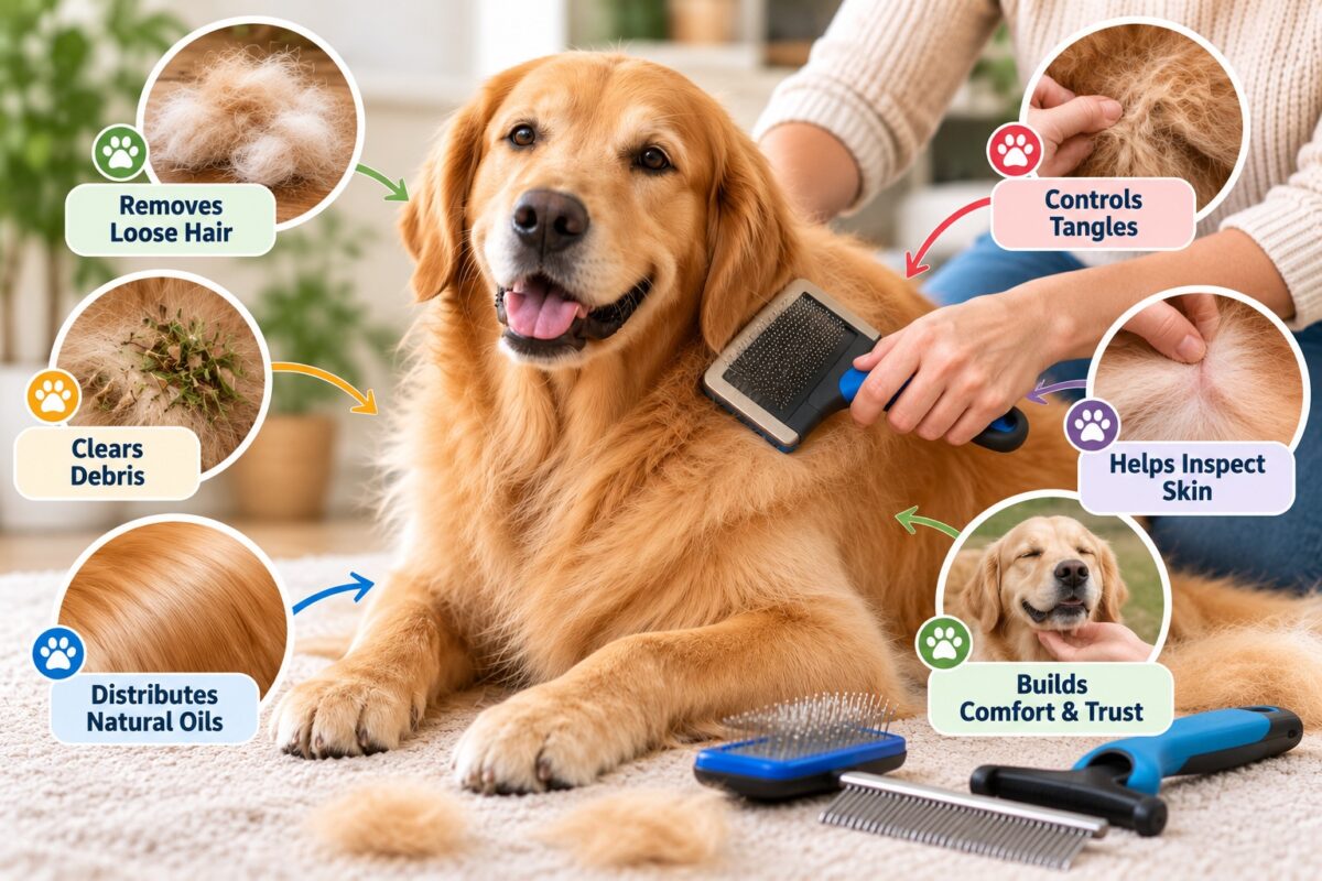 Golden Retriever being brushed with a slicker brush, with infographic callouts showing how brushing removes loose hair, controls tangles, clears debris, helps inspect skin, distributes natural oils, and builds comfort and trust.