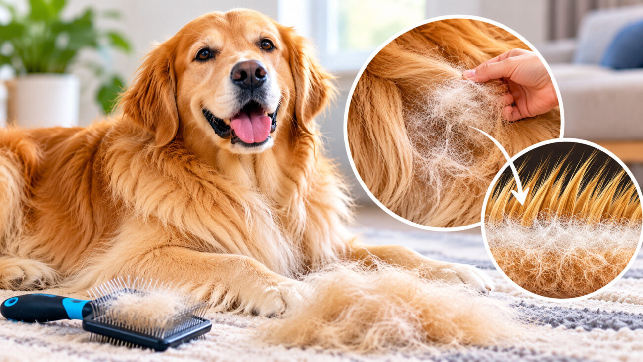 Golden Retriever showing loose undercoat during deshedding, with a grooming brush, removed fur, and close-up illustrations of long dog hair and shedding undercoat.