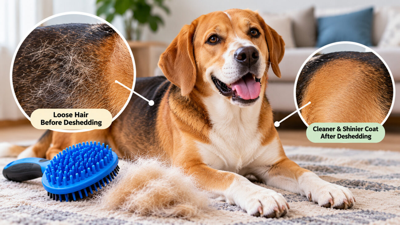 Short-haired Beagle showing loose fur before deshedding and a cleaner, smoother coat afterward, with a blue rubber grooming brush and removed dog hair.