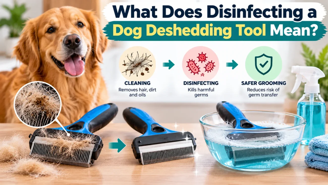 Golden Retriever beside dog deshedding tools illustrating how cleaning removes trapped hair and dirt, while disinfecting kills harmful germs for safer grooming.