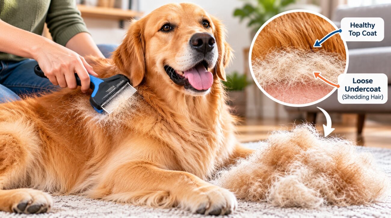 Golden Retriever being gently brushed with a deshedding tool to remove loose undercoat fur while keeping the healthy topcoat intact.