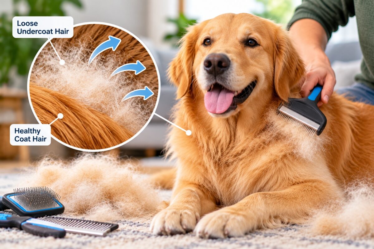 Golden Retriever being gently brushed with a deshedding tool, showing the difference between loose undercoat hair and healthy coat hair.