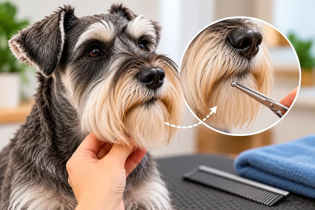 Schnauzer dog having its beard gently held for trimming, with a close-up showing rounded-tip grooming scissors near the facial hair.