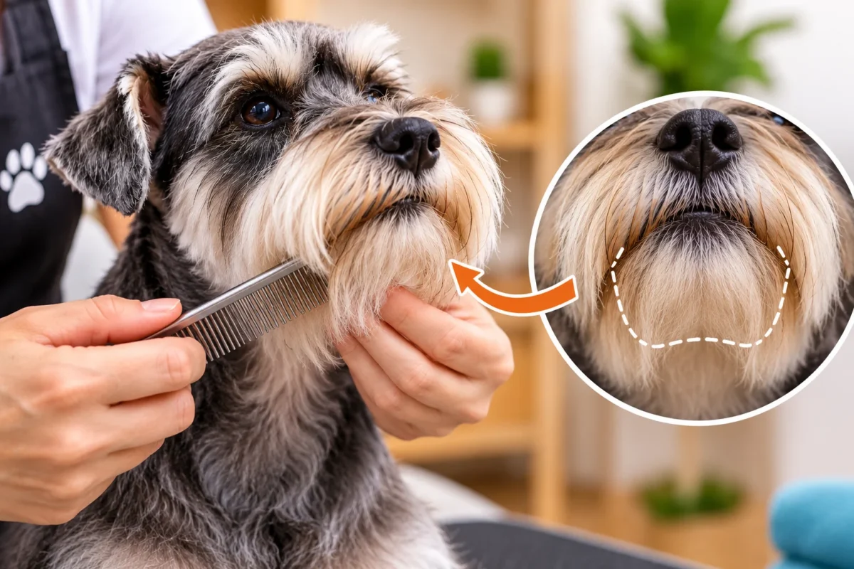Groomer gently combing a Schnauzer's beard with a close-up showing the chin hair area for safe trimming.