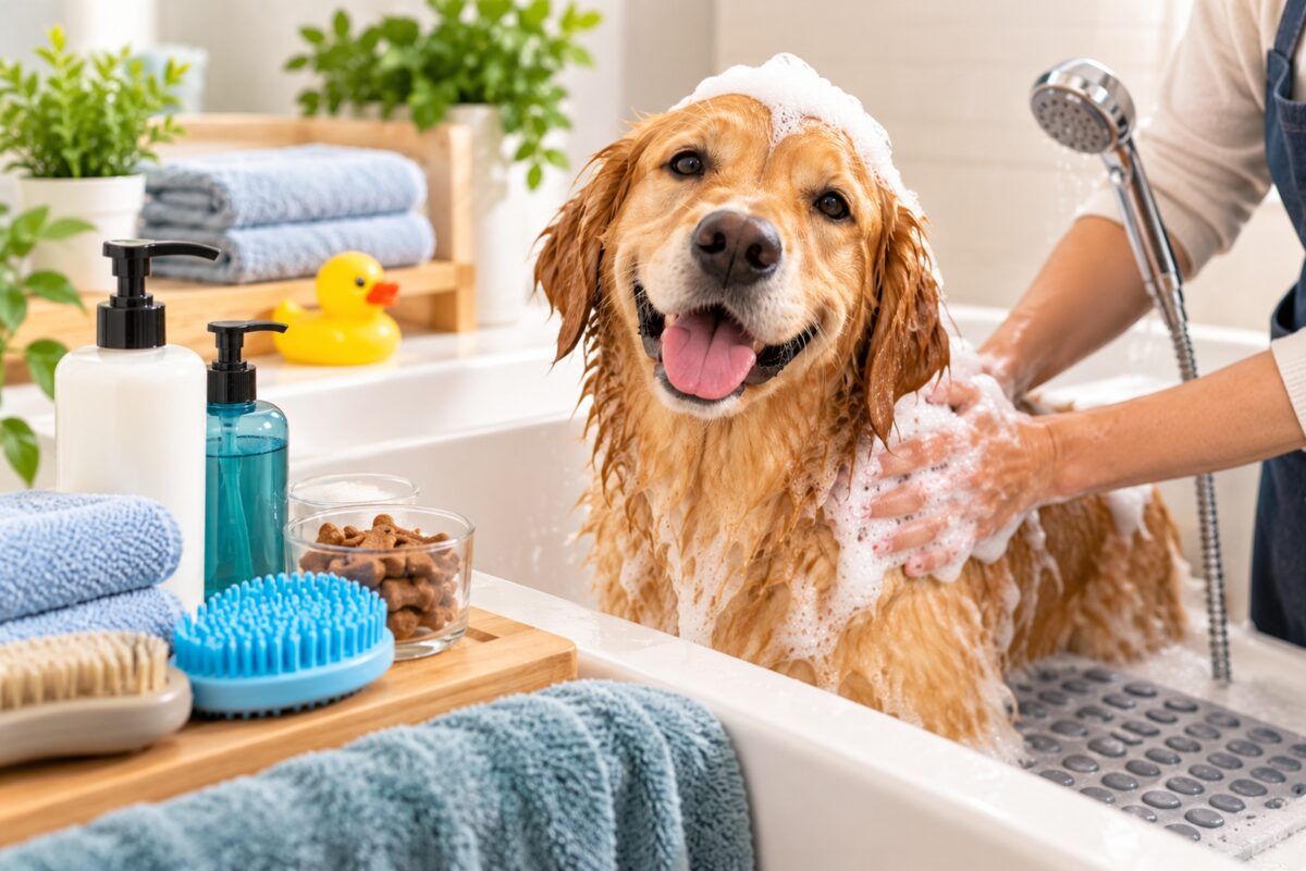 Happy Golden Retriever enjoying a calm and comfortable bath with grooming supplies nearby.