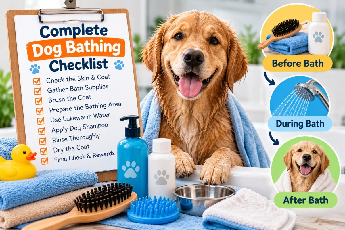 Complete dog bathing checklist showing a Golden Retriever, bath supplies, grooming tools, and before, during, and after bath steps.