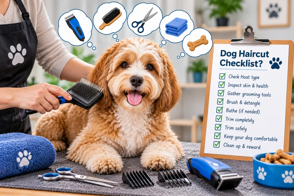 Dog haircut checklist showing a happy dog being brushed beside grooming clippers, scissors, combs, and a step-by-step home grooming checklist.