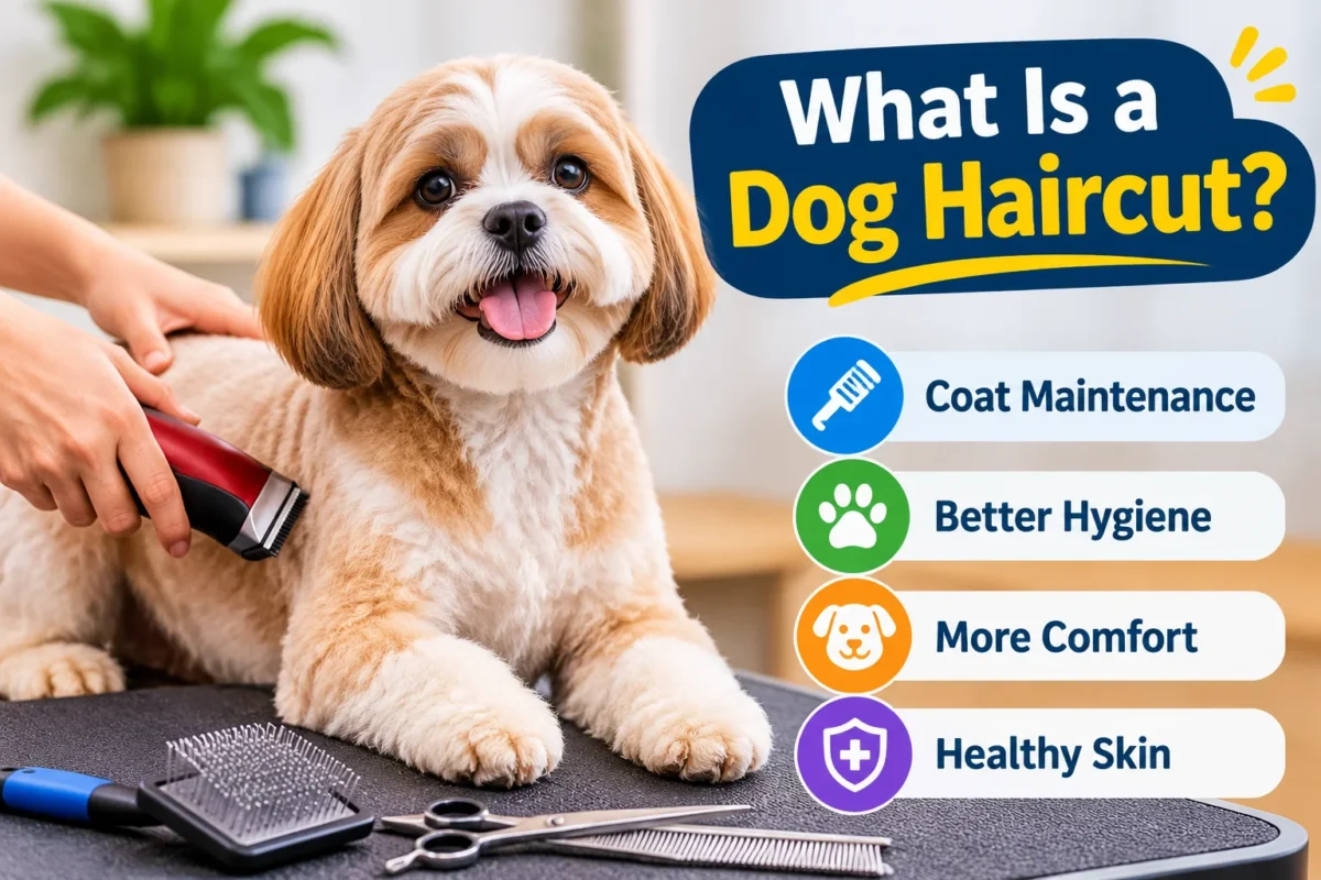 What Is a Dog Haircut? A happy, freshly groomed dog having its fur trimmed with electric clippers, showing coat maintenance, hygiene, comfort, and healthy skin.