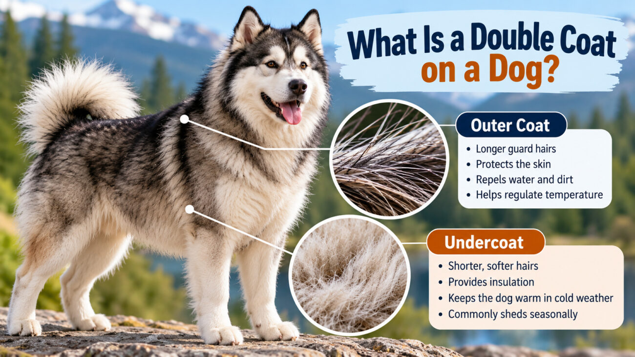 Double-coated Husky showing the difference between the protective outer coat with longer guard hairs and the soft, dense undercoat that provides insulation.