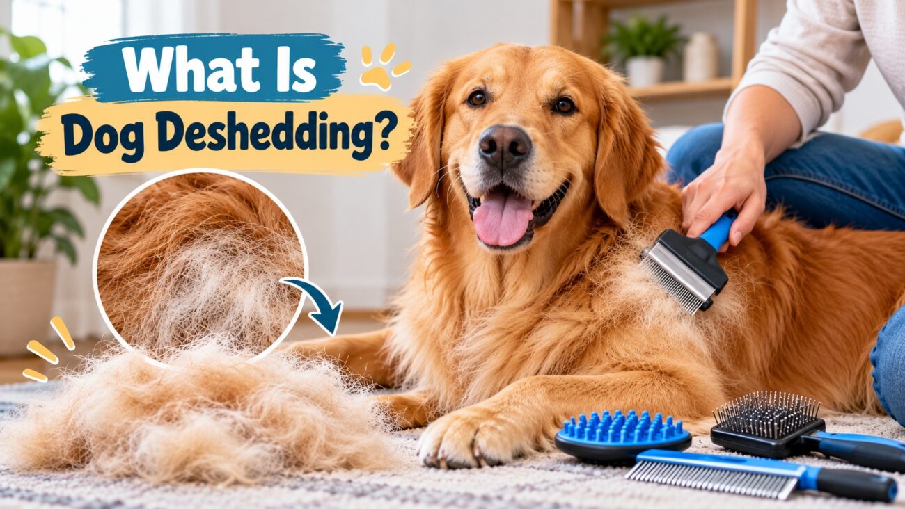 Golden Retriever being gently brushed with a deshedding tool at home to remove loose undercoat fur, showing the dog deshedding process.