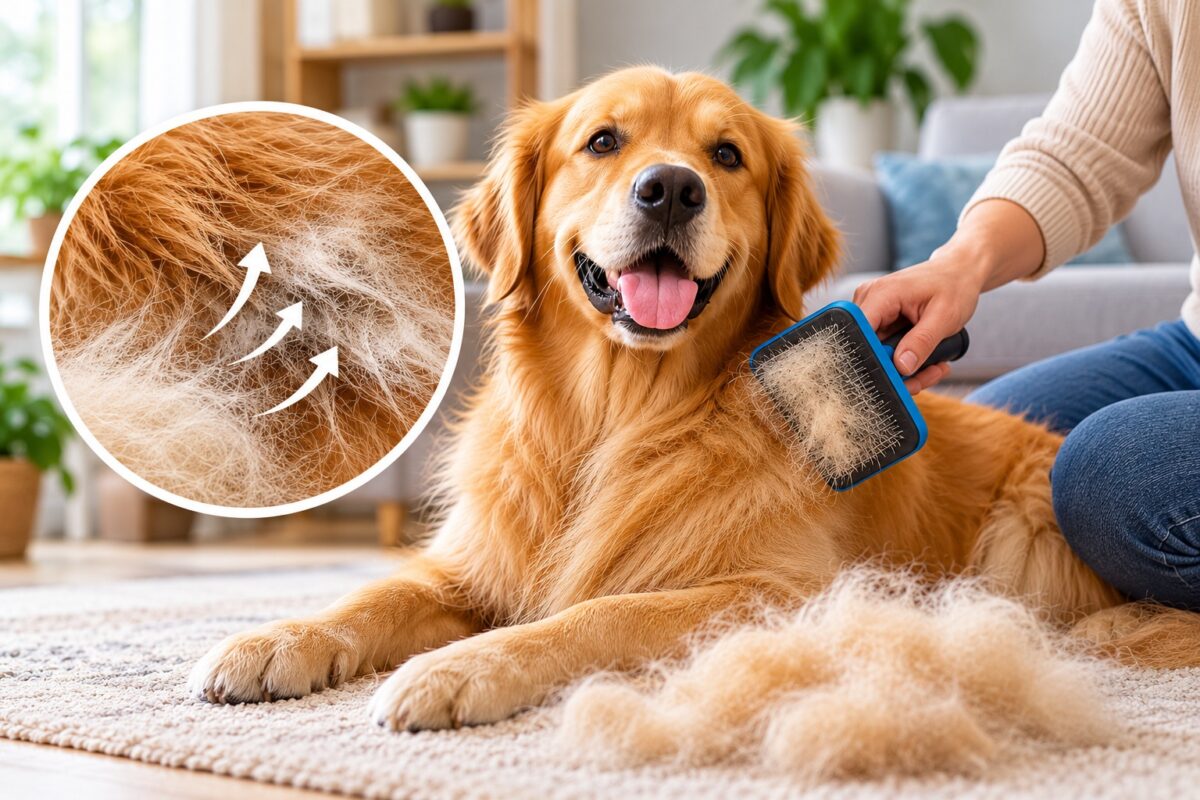 Retriever being gently brushed with a deshedding brush to remove loose undercoat fur, demonstrating dog shedding control at home.