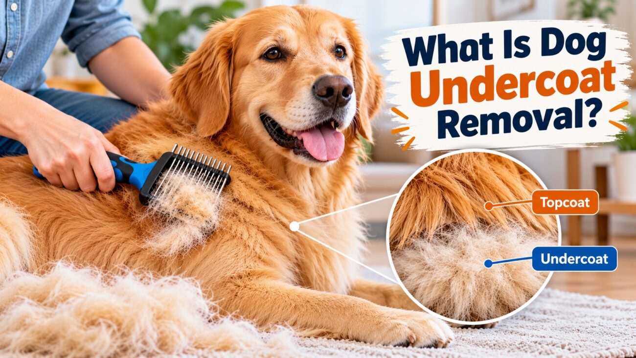 Golden Retriever having loose undercoat removed with a grooming rake at home, with a close-up diagram showing the topcoat and undercoat layers.