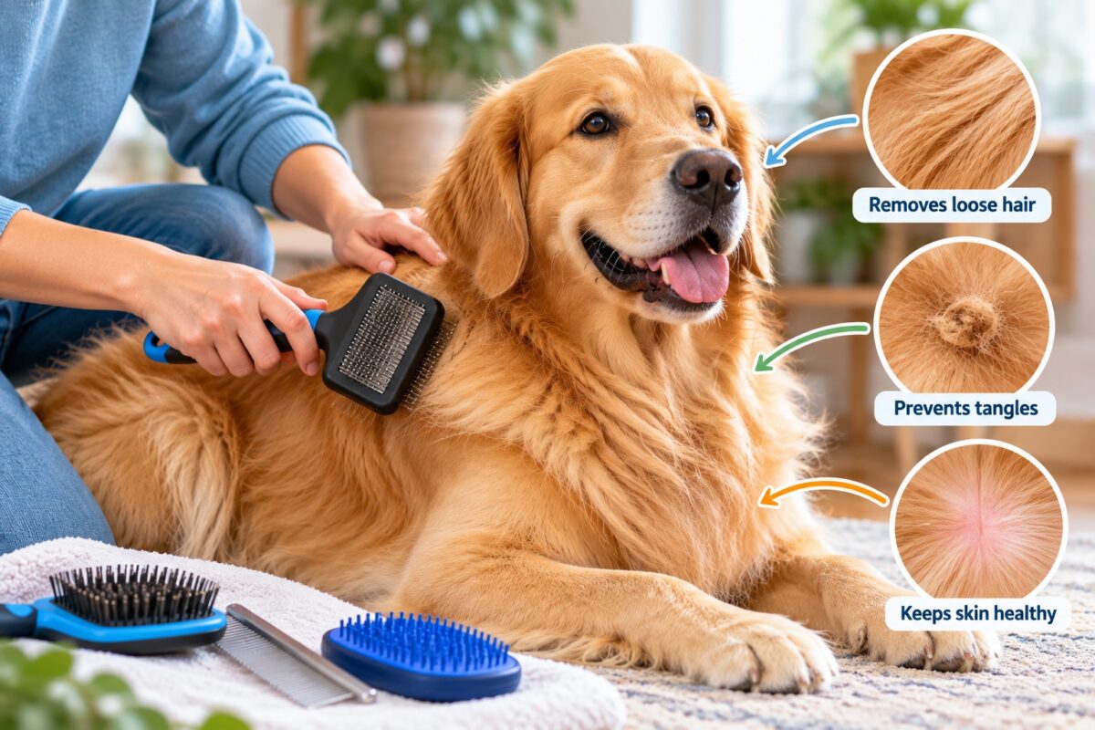 Golden Retriever being gently brushed with a slicker brush, showing how proper brushing removes loose hair, prevents tangles, and supports healthy skin.