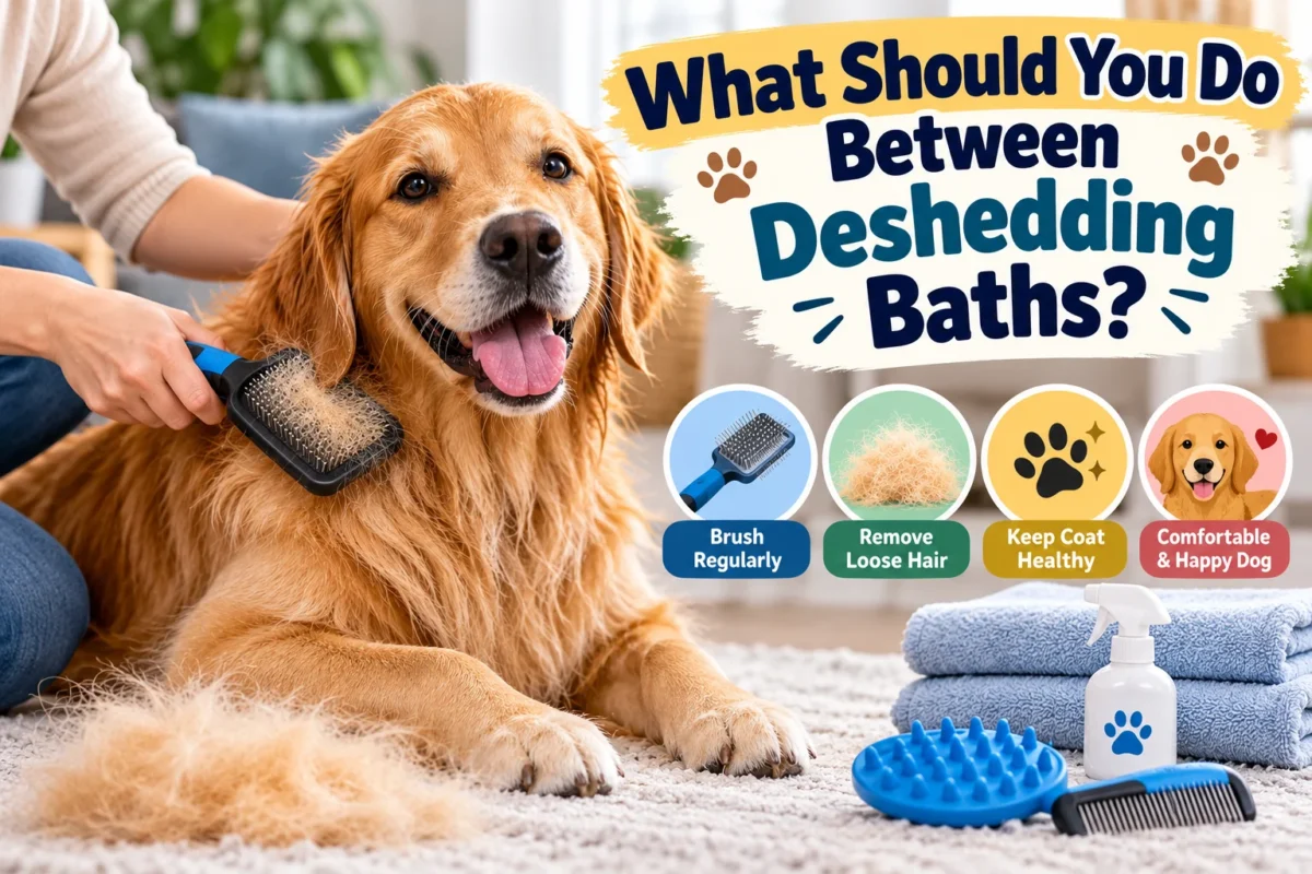 Golden Retriever being gently brushed between deshedding baths to remove loose fur, maintain a healthy coat, and reduce dog shedding naturally.