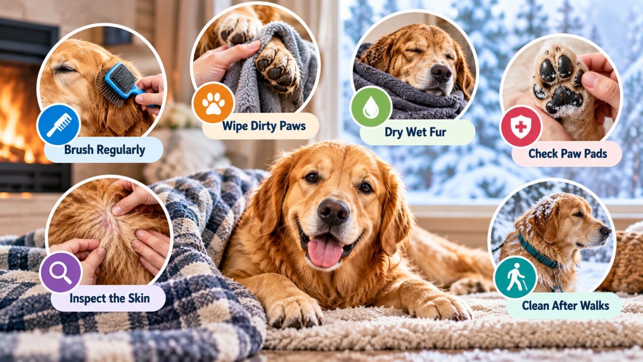 Golden Retriever with winter grooming tips including brushing, wiping paws, drying wet fur, checking paw pads, inspecting skin, and cleaning after walks.