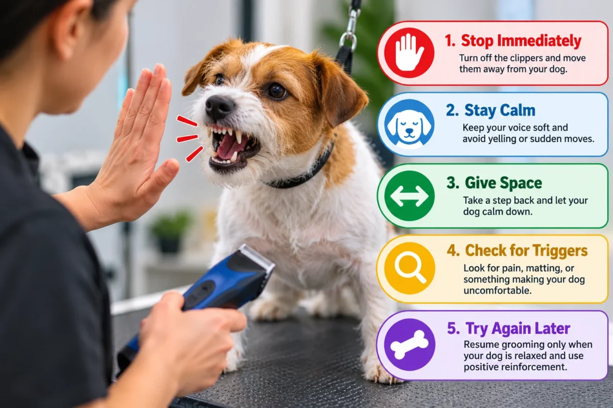 Dog trying to bite during clipping, with five safety steps showing how to stop grooming, stay calm, give space, check for discomfort, and try again later.
