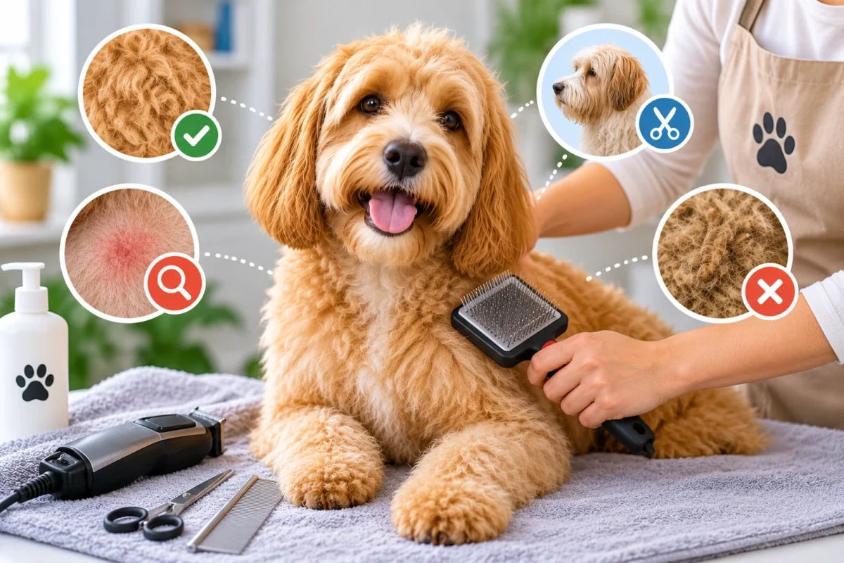 Golden fluffy dog being gently brushed before hair trimming, with grooming tools and visual examples of healthy fur, irritated skin, and matted hair.