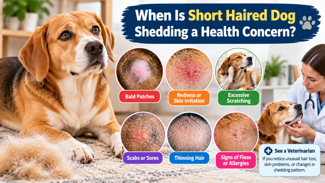 Short-haired Beagle showing warning signs of abnormal shedding, including bald patches, skin redness, excessive scratching, scabs, thinning hair, and a veterinarian examining the dog.