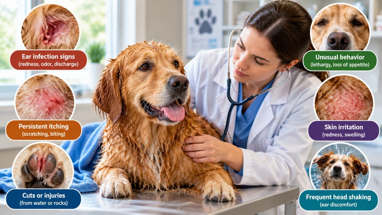 Veterinarian examining a wet dog after swimming, with signs such as ear infection, persistent itching, skin irritation, injuries, unusual behavior, and frequent head shaking.