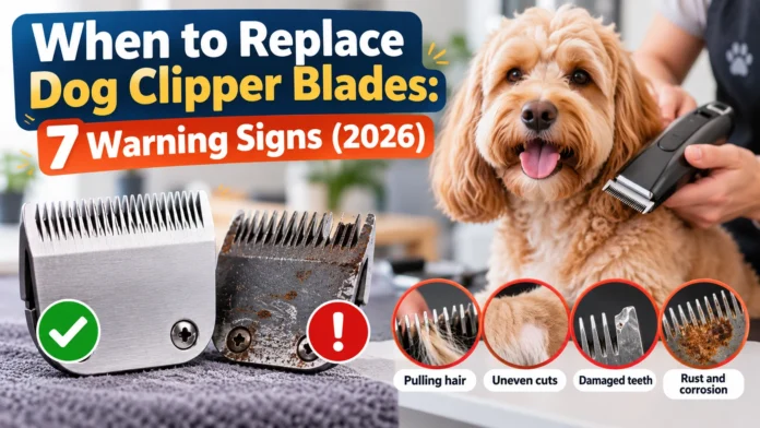 When to replace dog clipper blades: 7 warning signs, showing sharp and rusty blades, damaged teeth, and a dog being groomed.