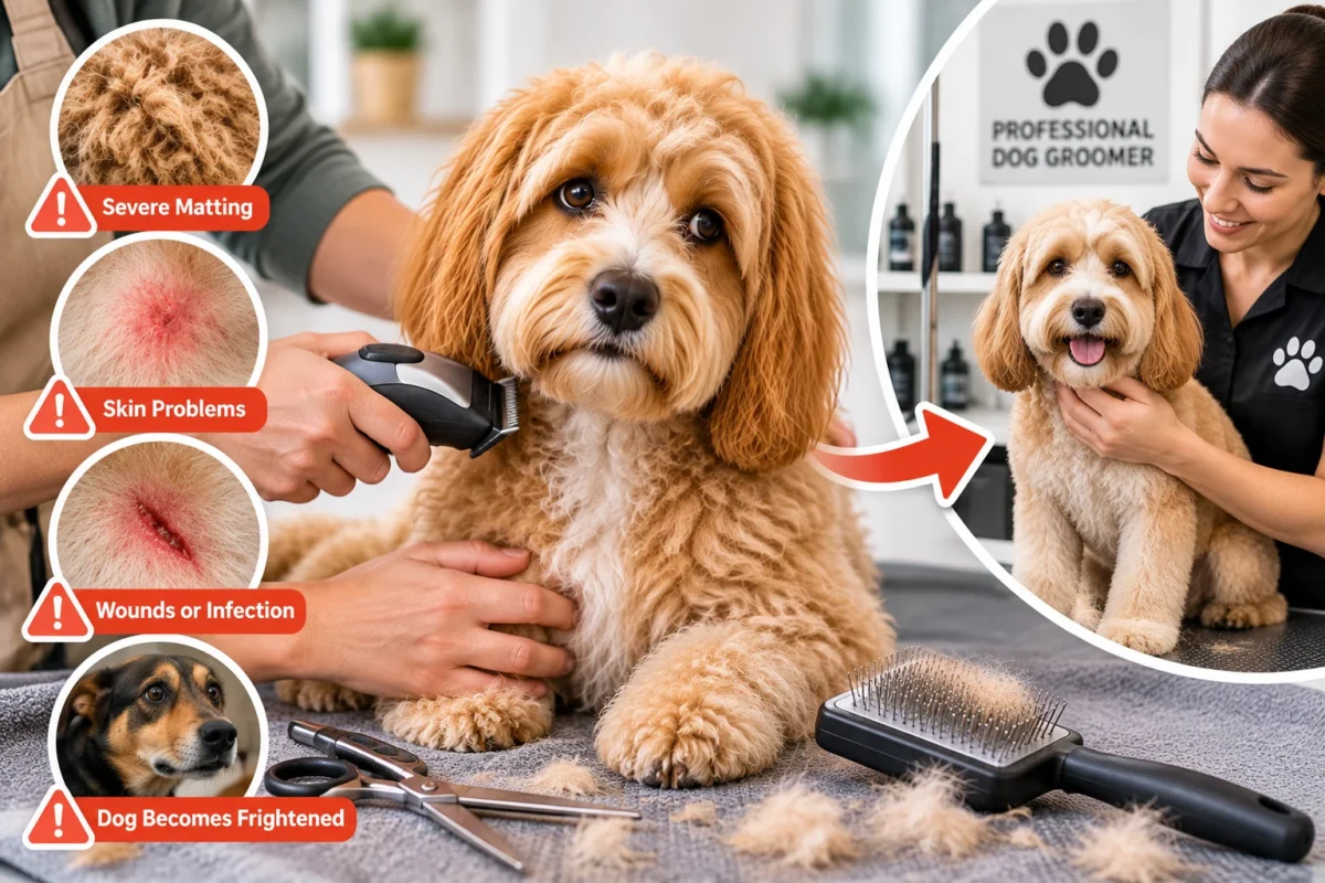 Signs to stop trimming dog hair at home, including severe matting, skin irritation, wounds, and fear, with a professional dog groomer providing care.