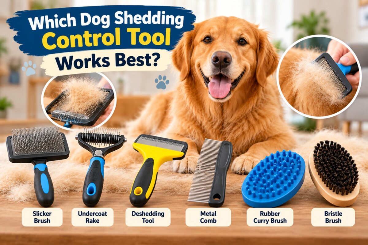 Golden Retriever with six dog shedding control tools, including a slicker brush, undercoat rake, deshedding tool, metal comb, rubber curry brush, and bristle brush.