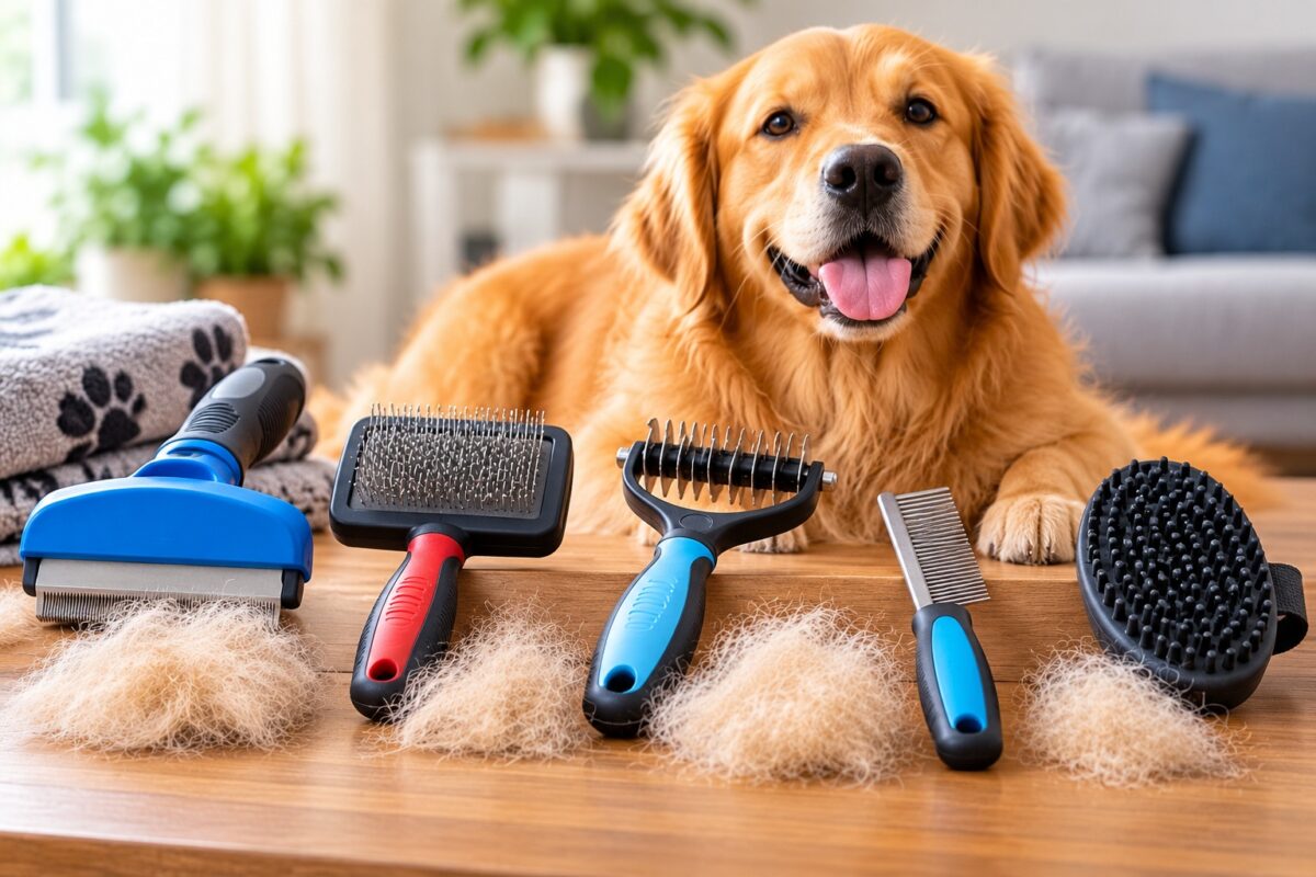 Golden Retriever with five dog shedding control tools, including a deshedding brush, slicker brush, undercoat rake, grooming comb, and rubber grooming brush.