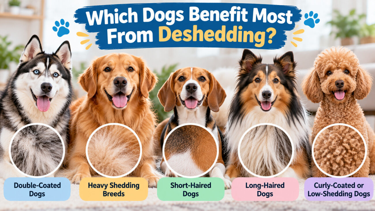 Siberian Husky, Golden Retriever, Beagle, Collie, and Poodle illustrating different dog coat types and which dogs benefit most from deshedding.