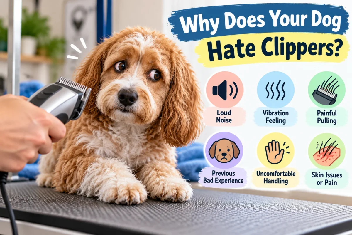 Nervous dog reacting to grooming clippers with six common causes of fear, including loud noise, vibration, painful pulling, and past experiences.
