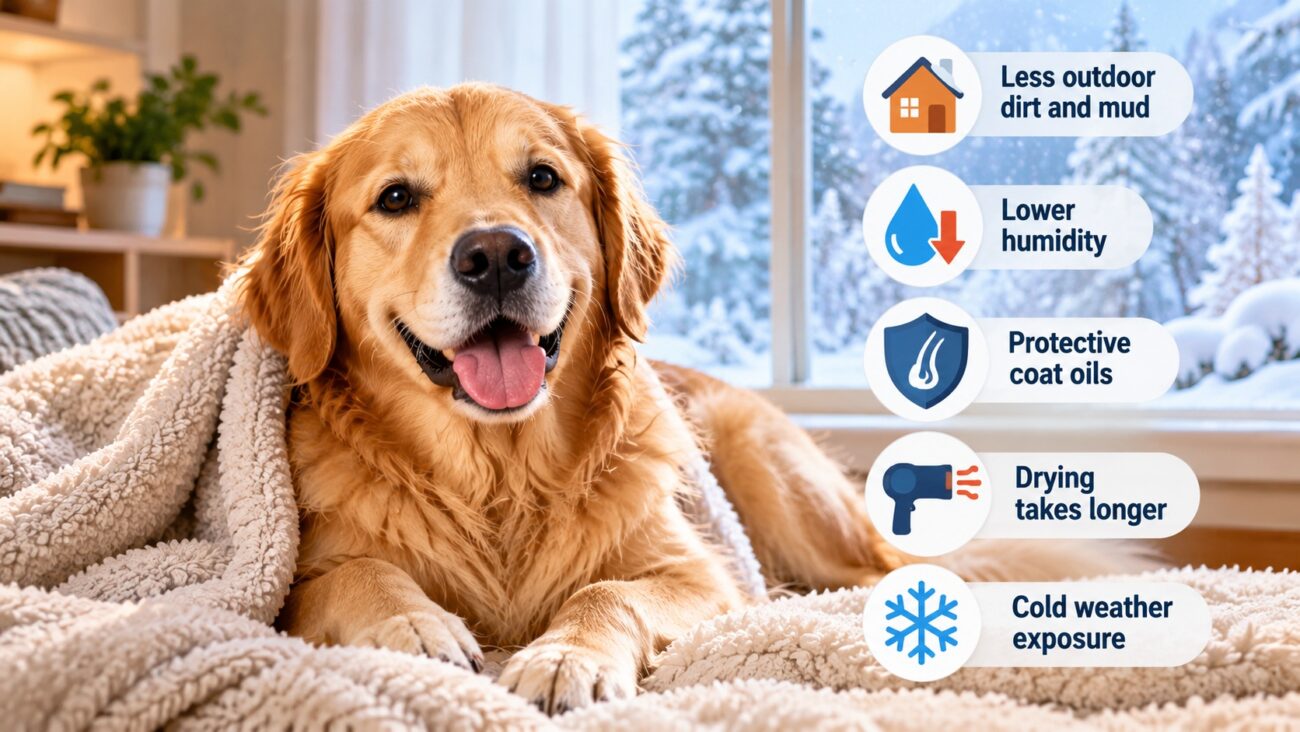 Golden Retriever resting indoors during winter beside an infographic explaining why dogs may need fewer baths in cold weather.